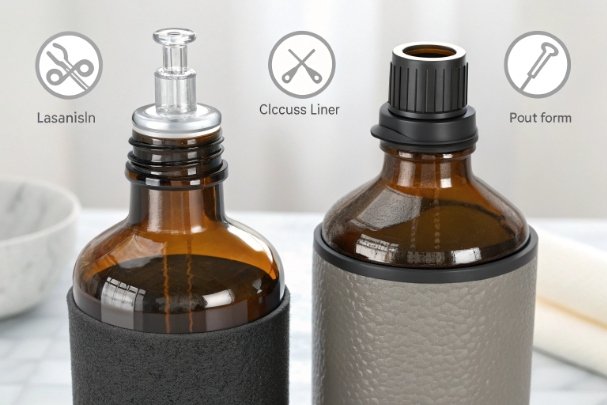 Closure liner options Amber glass bottles showing closure liner options and protective sleeves for packaging