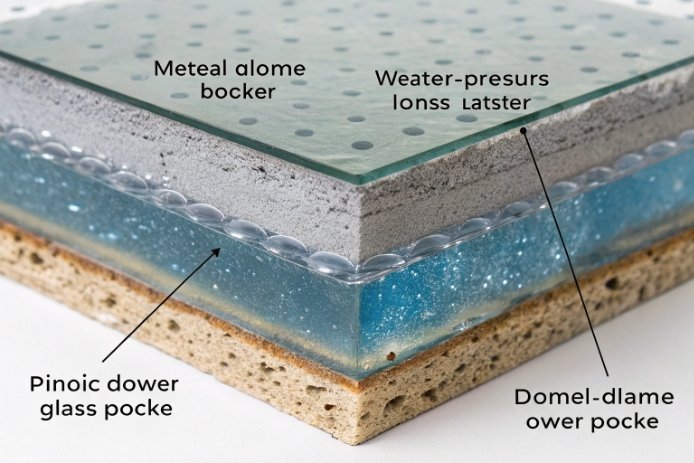 Laminated glass cross section showing interlayer bubbles and water pressure loss defects