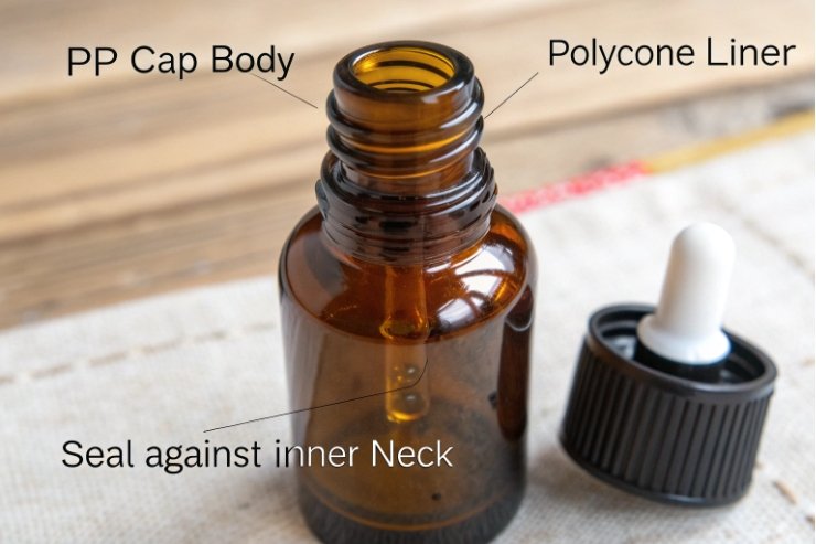Close up amber bottle neck with PP cap and polycone liner sealing design