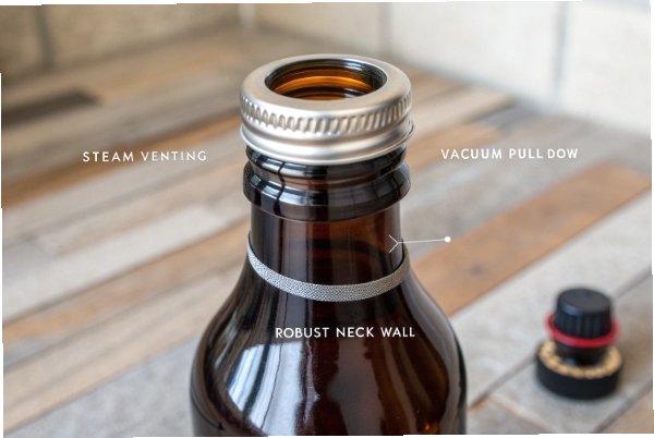Amber glass bottle neck showing steam venting and vacuum pull down features