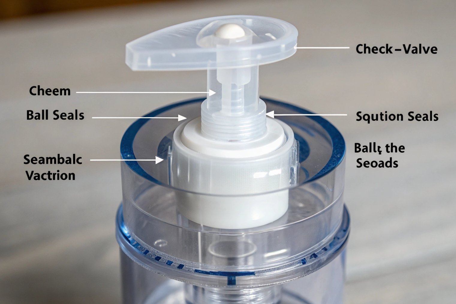 airless cosmetic pump head with labeled check valve and sealing parts