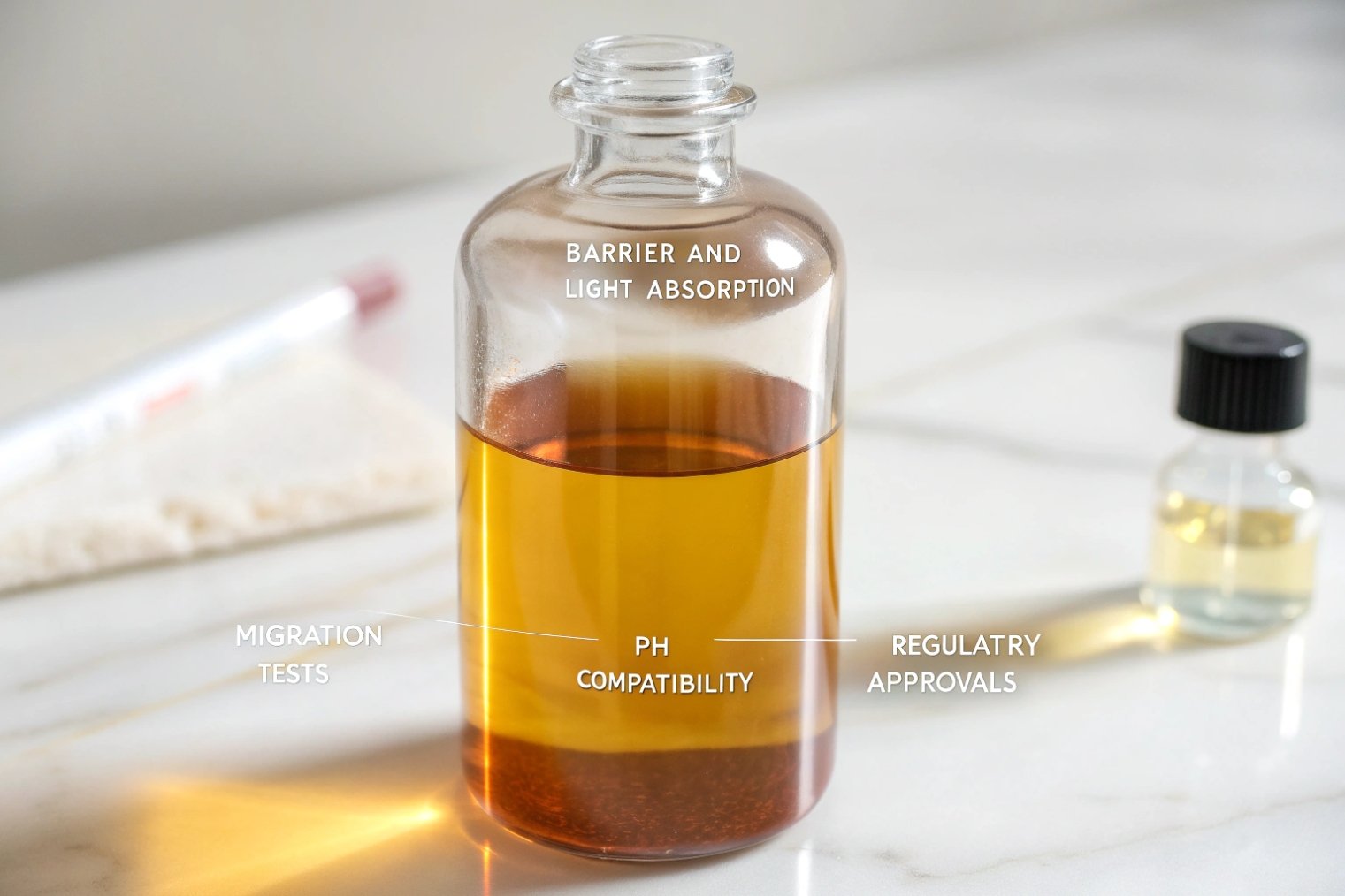 amber glass bottle filled with cosmetic oil highlighting barrier light absorption and compatibility
