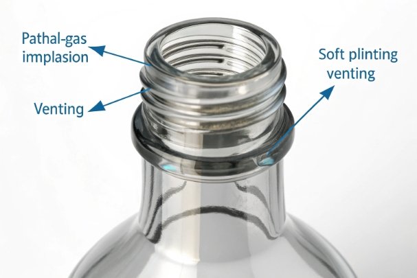 Close-up of bottle neck finish with venting and pressure relief design callouts