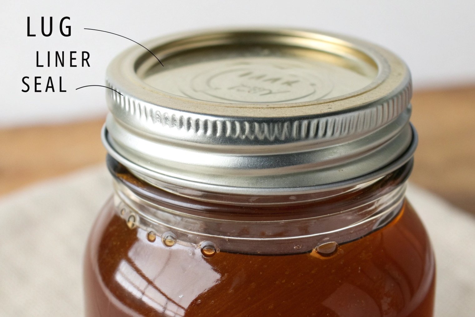 Close-up of honey jar lug lid showing liner and vacuum seal