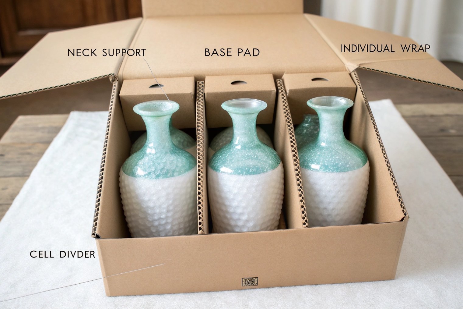 three textured glass vases safely packed in custom cardboard shipping box