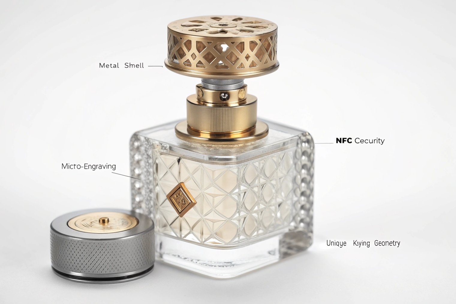Ornate cut-glass perfume bottle with decorative metal cap and callouts for engraving, NFC, and keying geometry