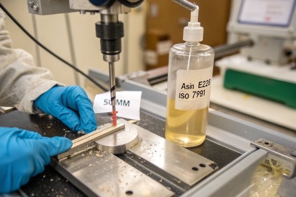 laboratory abrasion test setup with gloved hands and sample liquid bottle