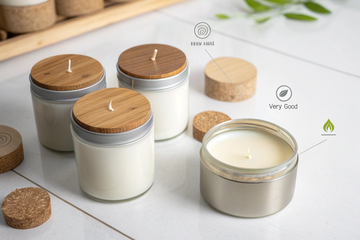 White candles in glass jars with bamboo and metal lids on cork coasters, eco style.