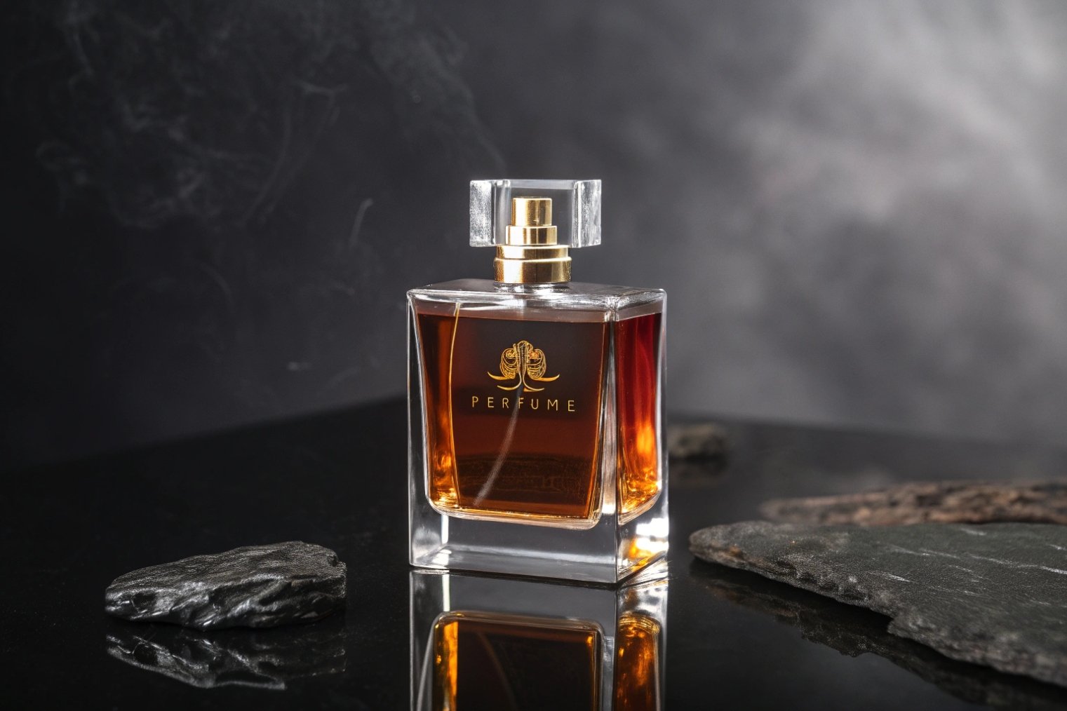 luxury square glass perfume bottle with amber fragrance on black stone background