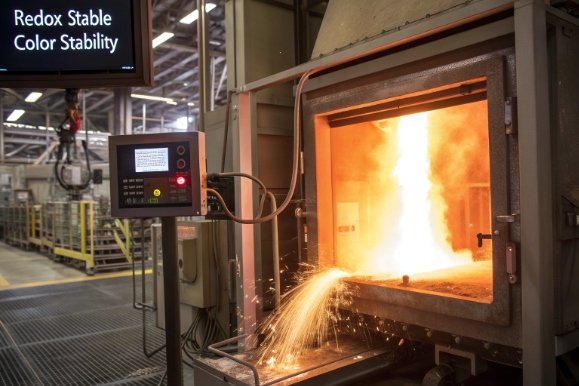 Industrial furnace with flames and sparks during glass melting and color stability control