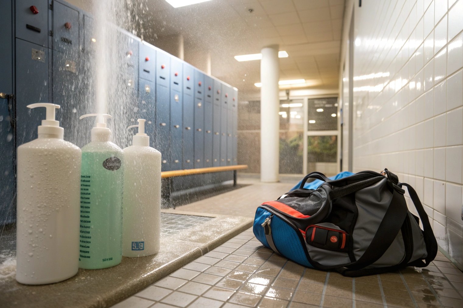 large pump bottles under shower spray in locker room beside sports bag