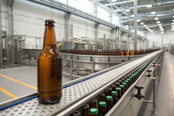 Amber glass bottle on conveyor in large bottling plant with empty bottles moving in background