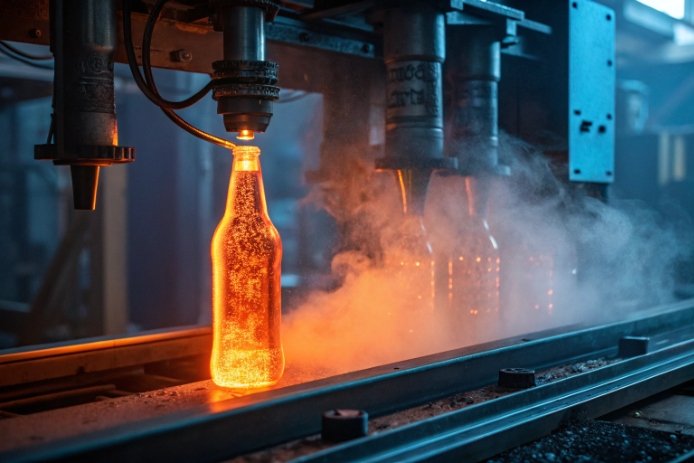 Glowing hot glass bottle forming under machine heads on production conveyor line.