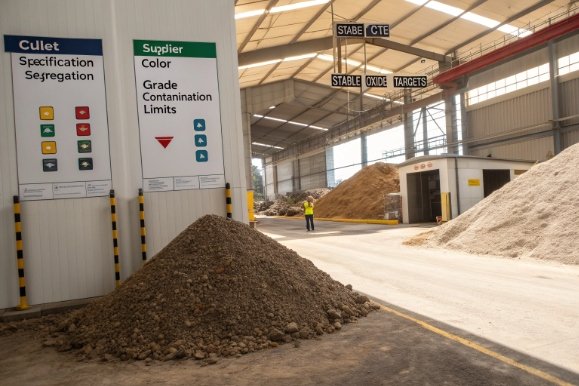 Glass factory yard with cullet and raw material piles under quality segregation signage