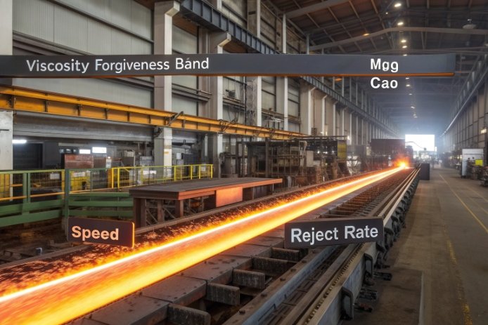 Molten glass ribbon line illustrating viscosity forgiveness band, speed, and reject rate