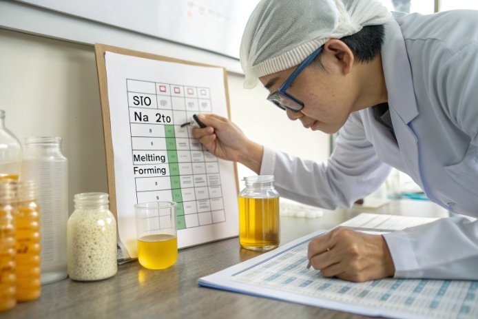 Lab engineer auditing glass batch composition with samples and process checklist
