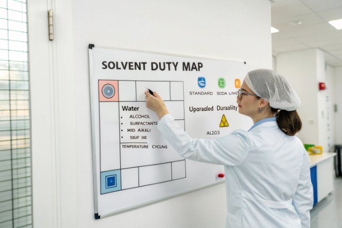 Laboratory technician updating solvent duty map for evaluating glass durability and chemical resistance