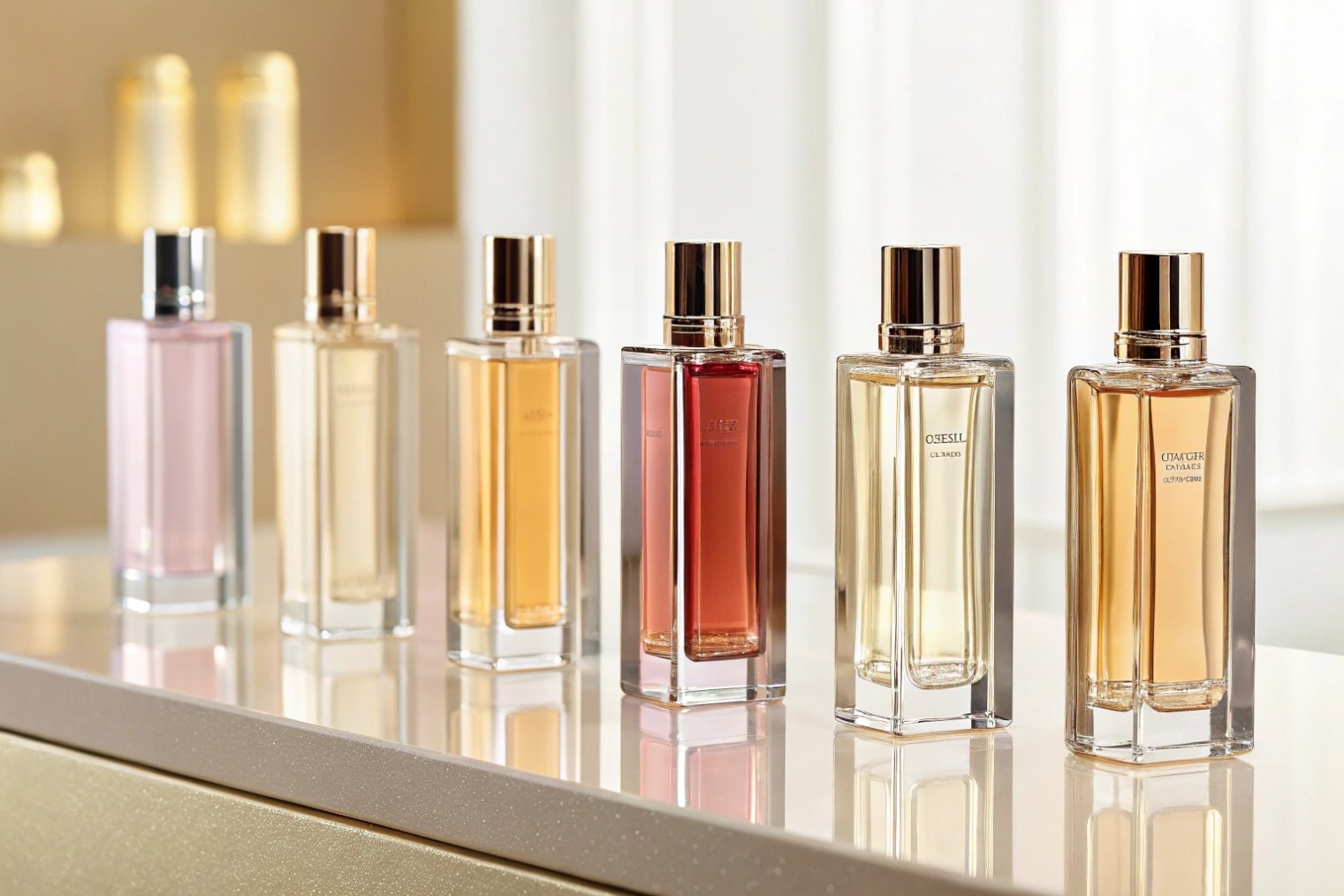 row of six tall rectangular glass perfume bottles with different fragrance colors on counter