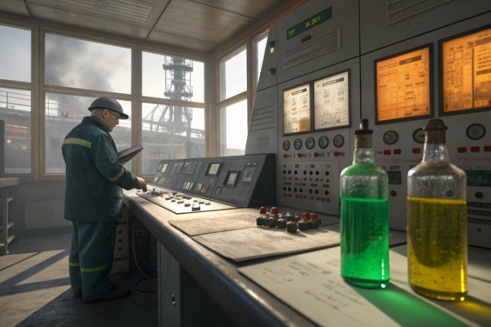 Operator in control room monitoring furnace panel with green and amber samples