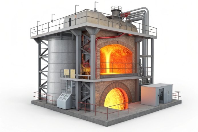 3D cutaway rendering of industrial glass melting furnace with hot chambers and piping.