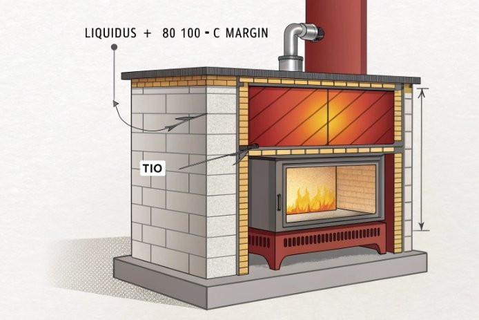 Furnace section illustration shows TiO influence and liquidus temperature margin for stable melting.