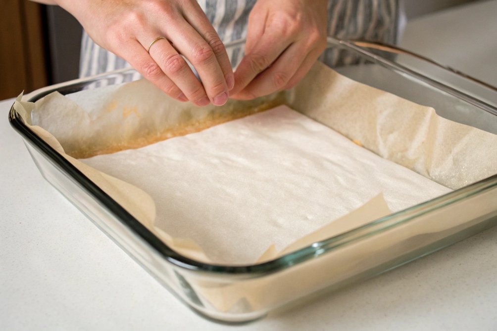 Preparing baking dish with parchment paper for baking