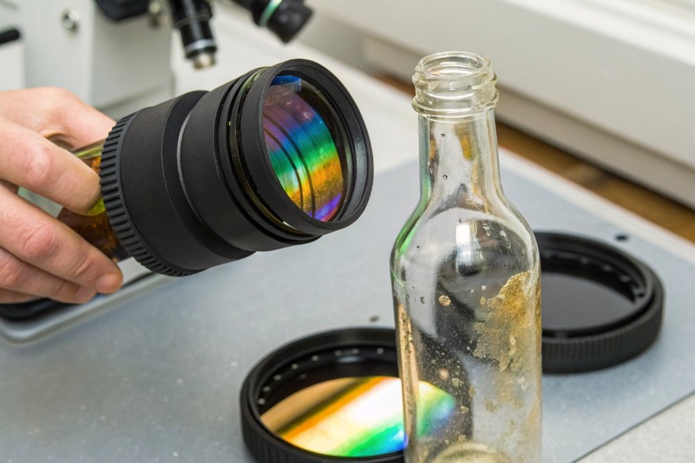 Inspecting bottle under microscope for defects
