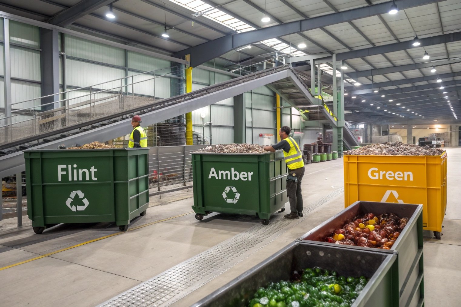 Glass recycling plant sorting cullet into flint amber and green color collection bins