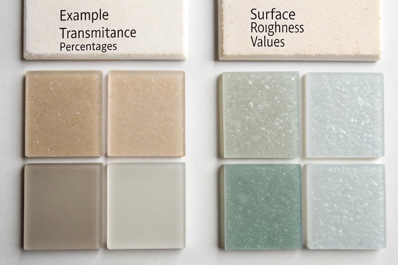 Grid of frosted glass tiles showing example transmittance percentages and surface roughness levels