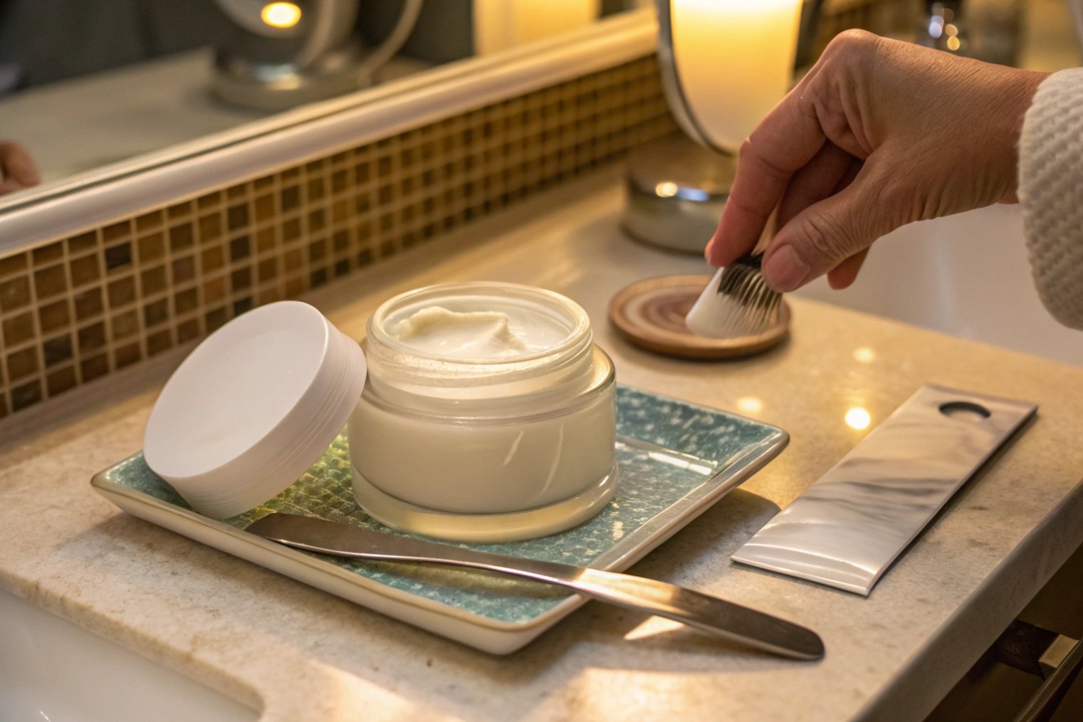 open glass jar of face cream on tray by bathroom sink with hand dipping in cosmetic spatula