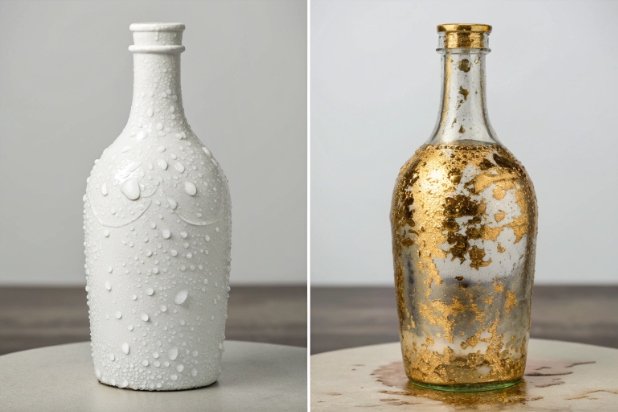Comparison of coated glass bottle surfaces with water droplets and gold flake finish