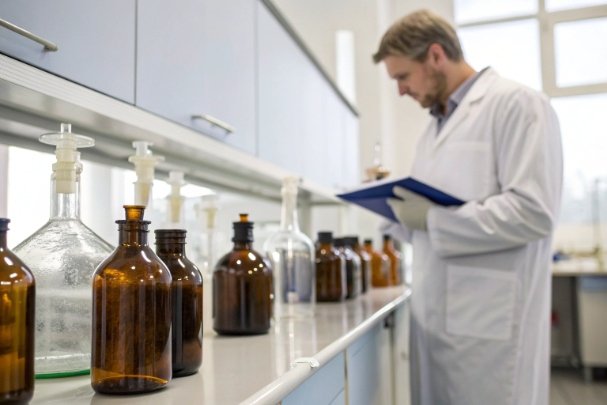 Lab bottle audit Quality inspector reviewing amber glass bottles on laboratory bench during packaging compliance check