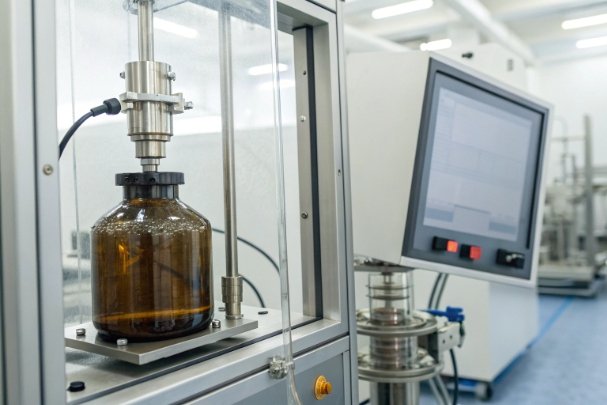 Closure seal testing Laboratory equipment testing amber glass bottle closure torque and seal integrity