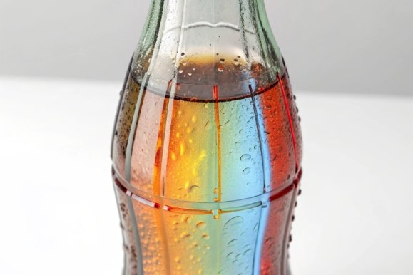 Glass beverage bottle with condensation showing colorful liquid layers and fill level