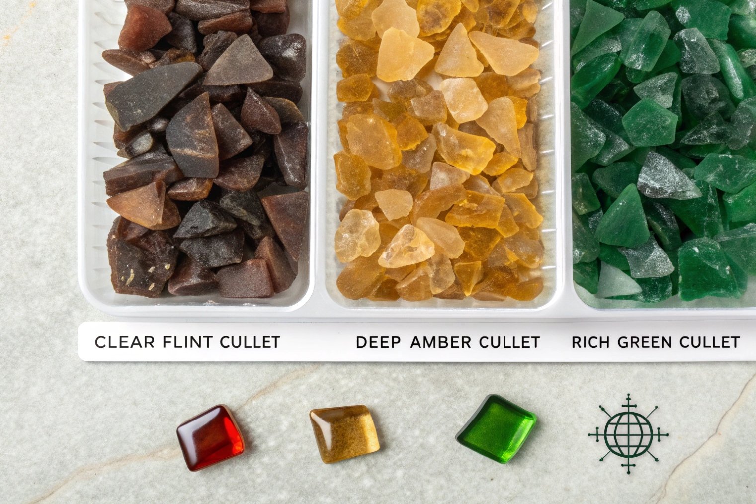 clear amber green glass cullet samples and polished color tiles for bottle production
