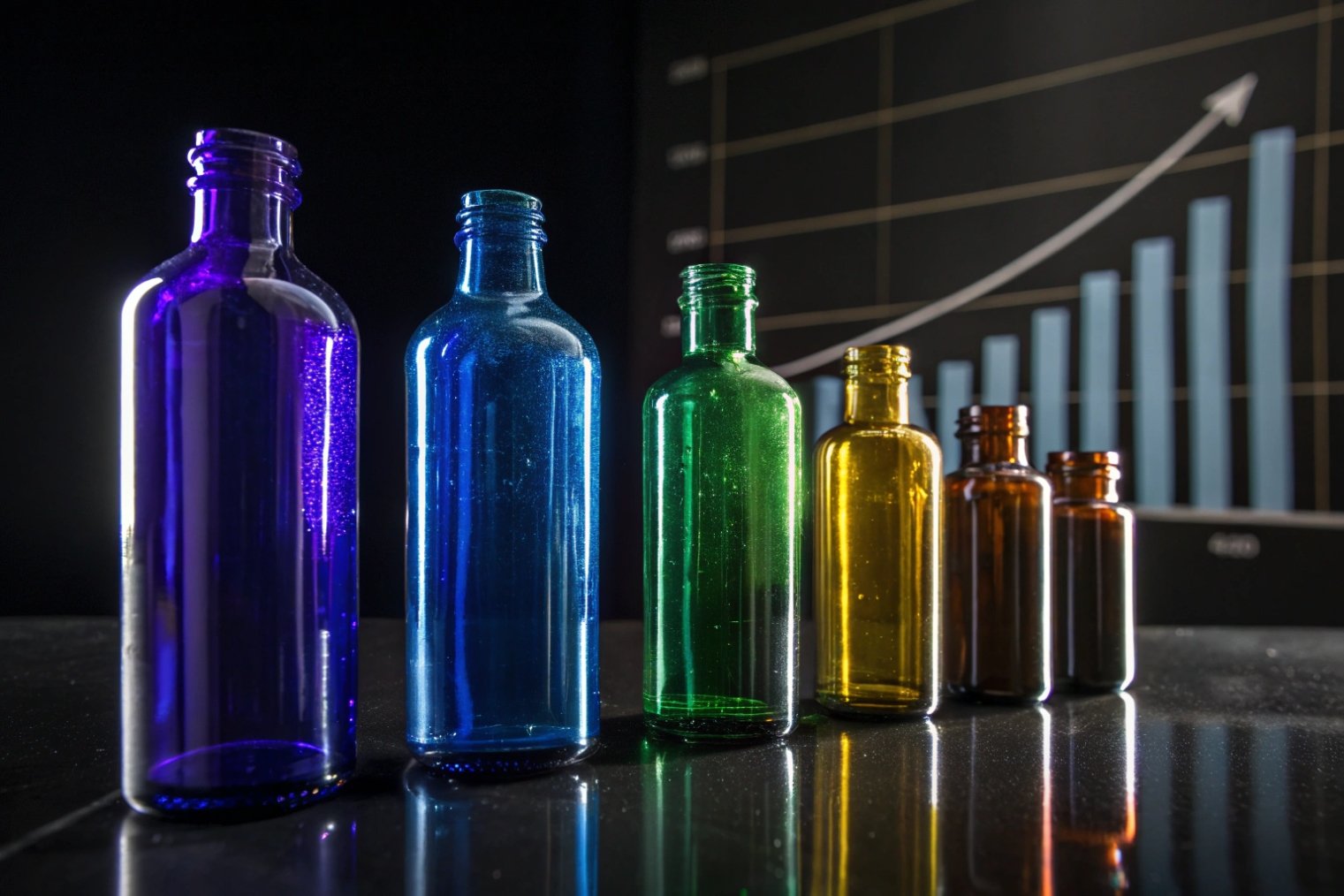 Row of colored cosmetic glass bottles with rising performance graph in background