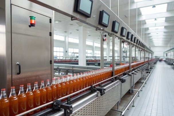 Beverage glass bottles moving on automated filling line in modern bottling factory
