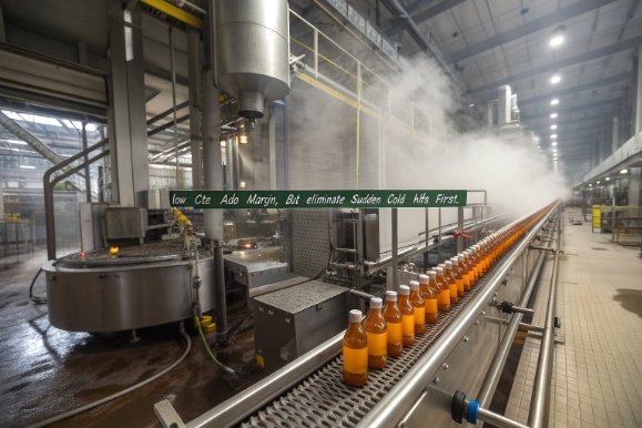 Beverage bottles on industrial conveyor passing through steam pasteurization tunnel in factory
