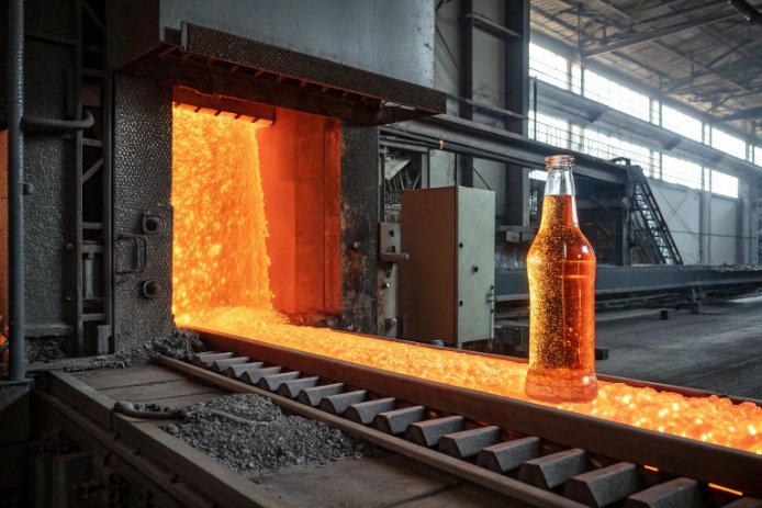 Molten glass bottle glows on conveyor at furnace hot end during forming process.