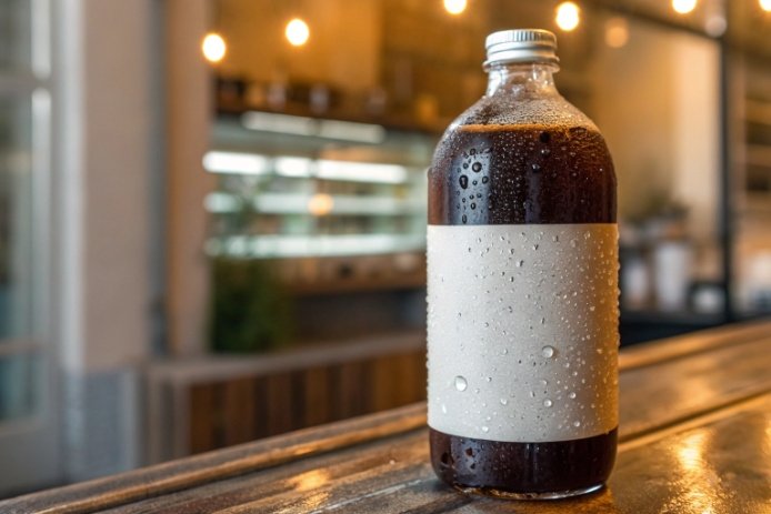 Cold brew coffee glass bottle with blank label and condensation on cafe counter
