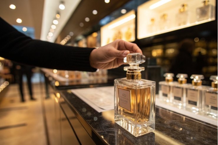 Customer hand opening crystal stopper of square glass perfume bottle on display counter