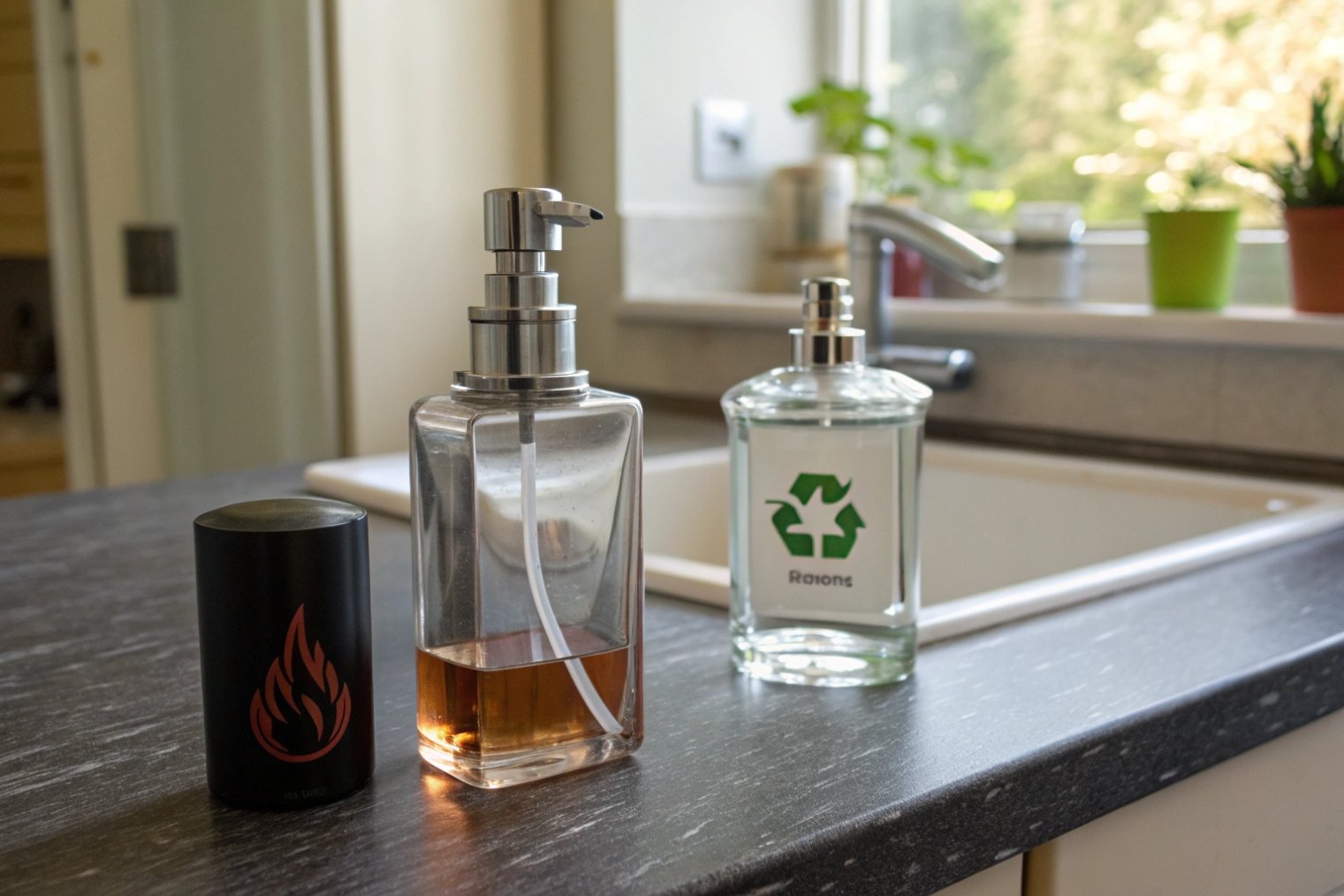 Black metal canister beside two glass soap dispensers, one with a green recycle symbol, on a kitchen counter