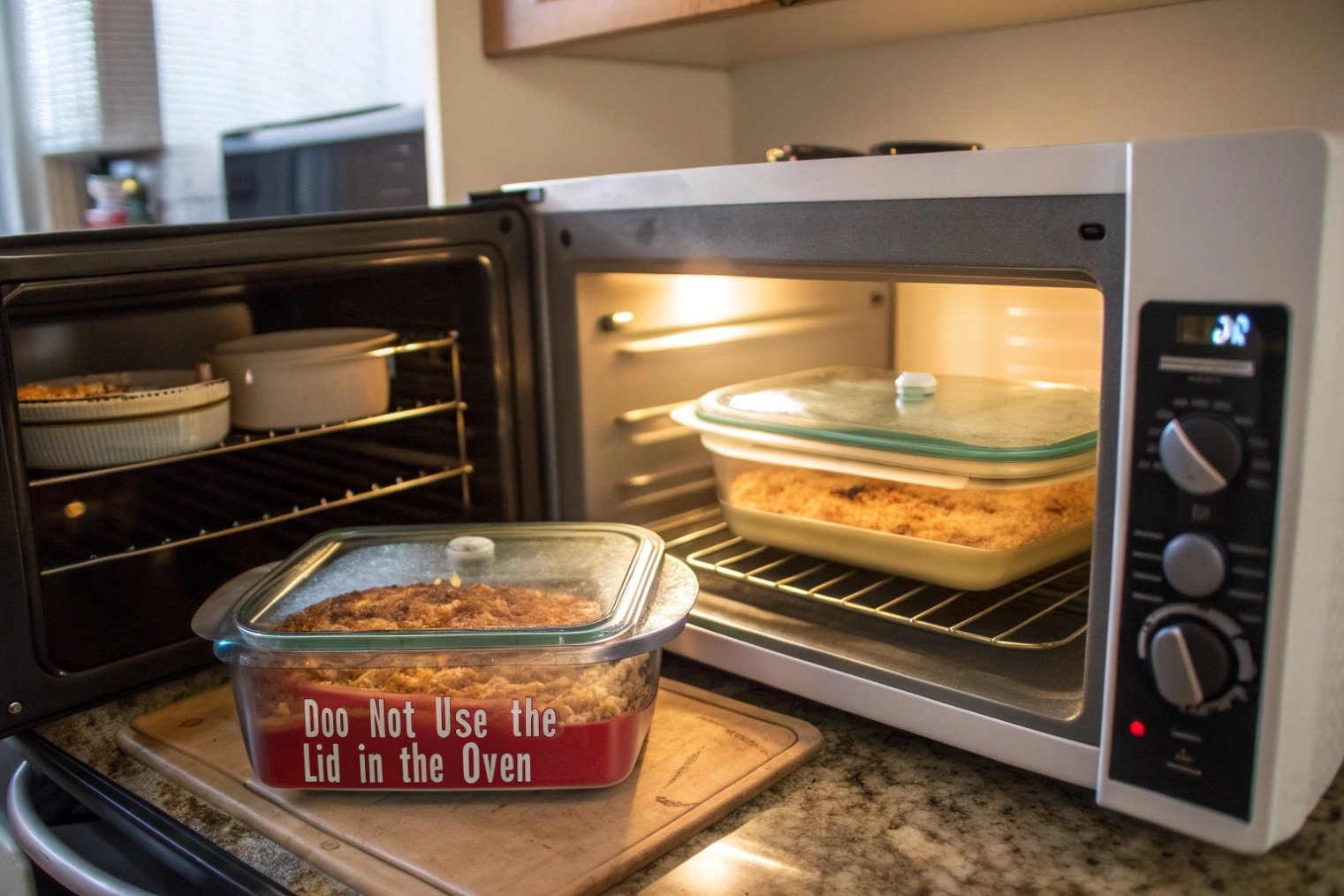 Oven baking dishes in glass containers with lids and safety warning text