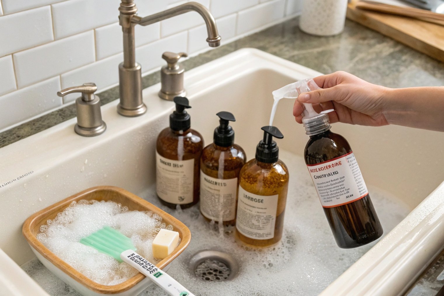 Amber soap dispensers soaking in kitchen sink while refilling one bottle.