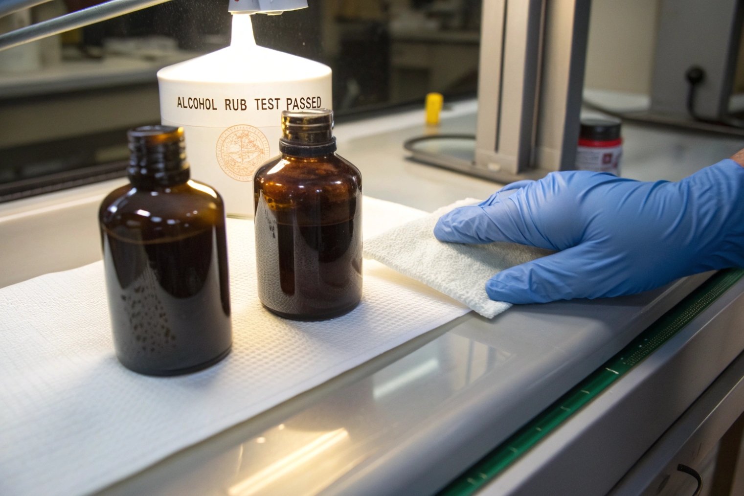 technician performing alcohol rub test on coated amber glass bottles in laboratory
