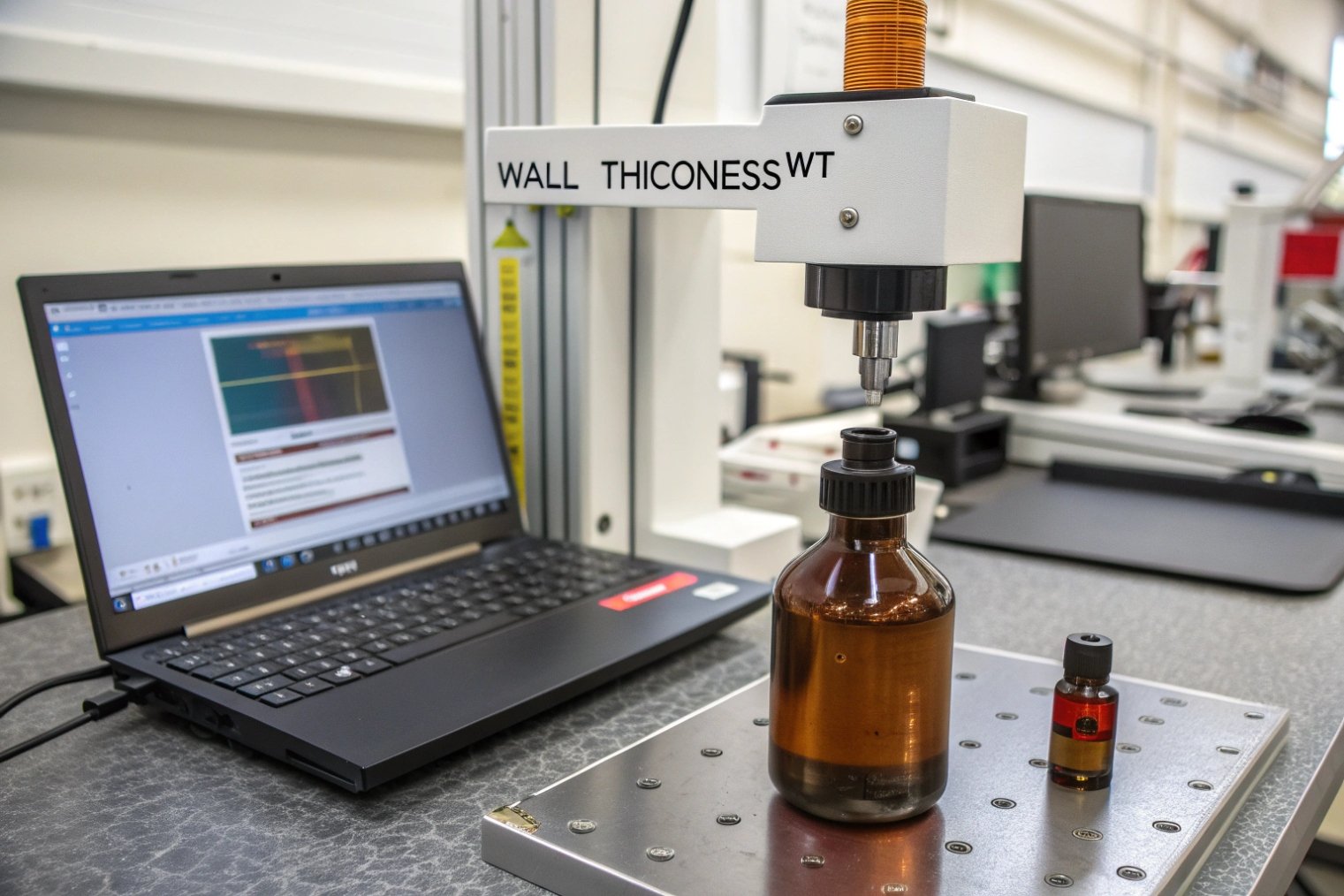 Laboratory station with wall-thickness gauge measuring an amber bottle next to a laptop analyzing thickness profile