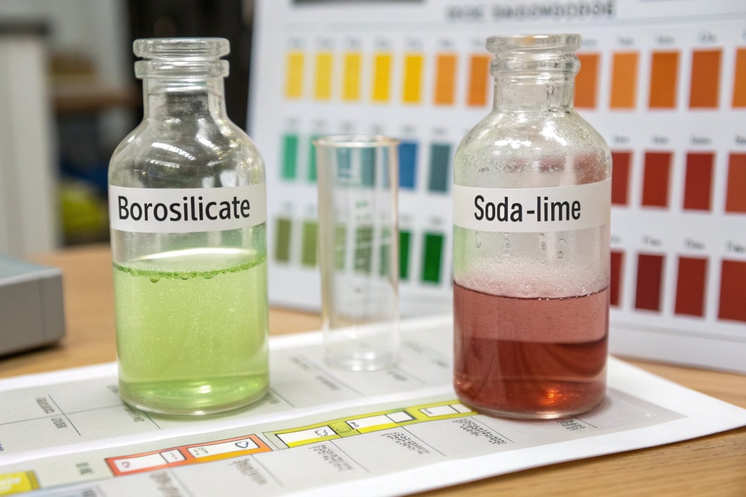 Borosilicate and soda-lime glass sample bottles compared in laboratory for packaging performance