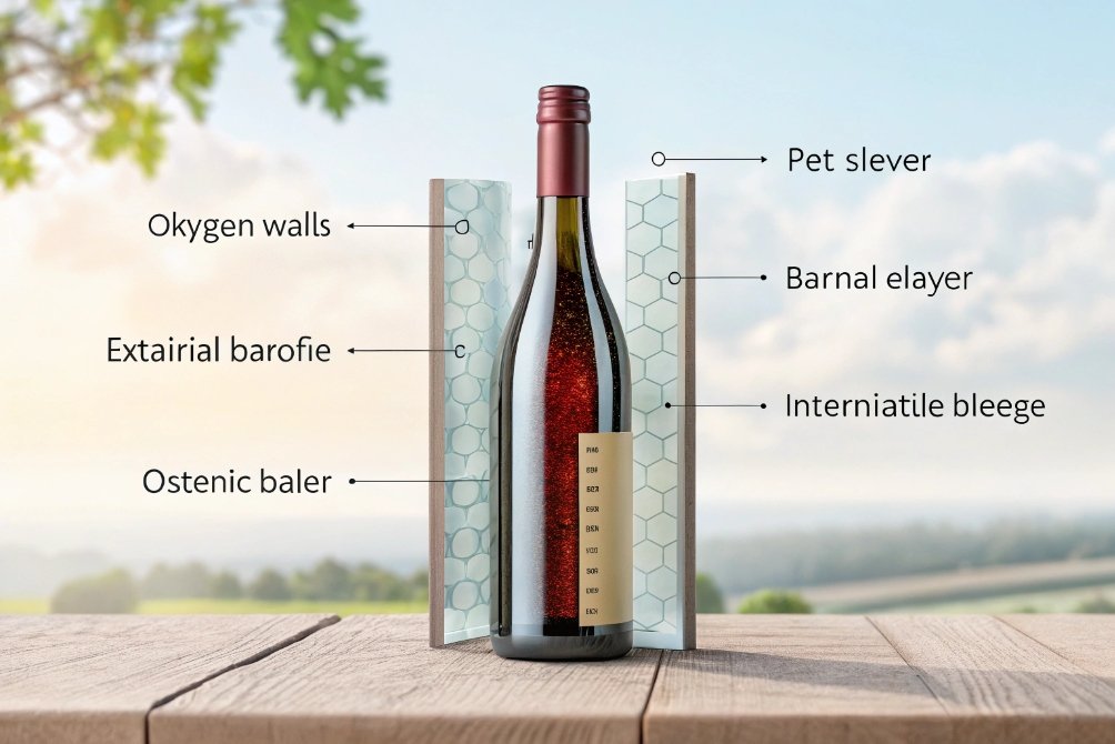Wine bottle cross section infographic explaining protective barrier layers against oxygen