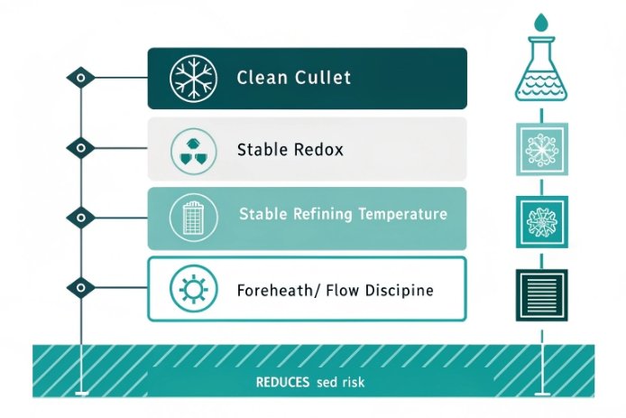 Clean cullet and stable redox checklist improving forehearth flow discipline and reducing seed defects