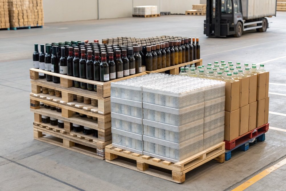Mixed pallets of wine and glass bottles prepared for transport in warehouse